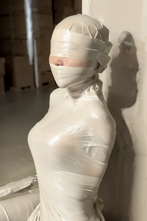 (1 girl) (imprisoned in a warehouse), (wrap the heads around with white duct tape:1.4), (wrap the faces around with white duct t...