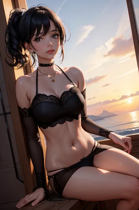 The most beautiful woman, beautiful young French face, black hair, black underwear, is inside a room, through the window you can see the sea, sunset light, epic, ultra realistic, 4k, Ultra detailed image, realistic, Highly detailed, perfect composition, sp...