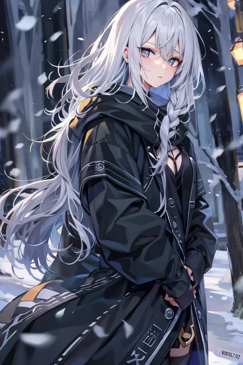 Put your hands in your pockets,Silver Hair、Hair to shoulders{{{{{{{{ Oversized black hoodie }}}}}}}},Beautiful and delicate golden eyes,Black clothes,Fairy,Fairy Tail,forest,winter,Sigh,cold,snow,Scared,charm,like,Flushing,