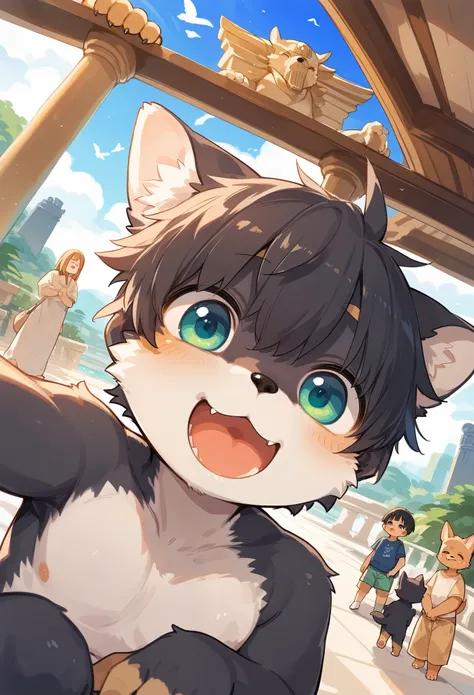 Cover page, Ultra-high resolution, Detailed Background, world heritage, 6+, 6+shota, Happy, Joyful, Absurd(Photos of travelers)(kemono, Furry Personification)Cinematic, cute fluffy fur boy, navel, almost naked,  (epic, dynamic angle)top quality, best quali...