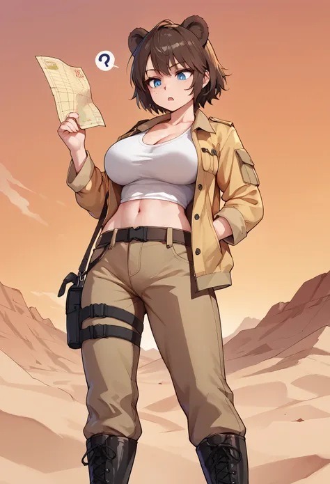 score_9_up, score_8_up, score_7_up, 1girl, solo, source_anime, hourglass figure, Big breasts, kemonomimi, bear ears, brown hair, short hair, messy_hair, blue eyes BREAK freckles, safari jacket, yellow jacket, navel, cargo pants, brown pants, black boots, s...