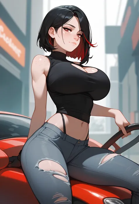 score_9,score_8_up,score_7_up,score_6_up,score_5_up,score_4_up,
1girl, seductive, freckles, Huge breasts, wide hips, strong legs, Sexy, Visible curve, Asian, short black sleeveless t-shirt, black Torn pants, short black hair with red highlights, red eyes