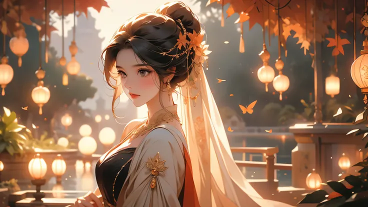 An elegant woman stands amidst a beautifully decorated outdoor setting adorned with warm, glowing lanterns. She wears an ornate hairstyle adorned with flowers and accessories, while her attire features a stylish black dress paired with a light, flowing sha...