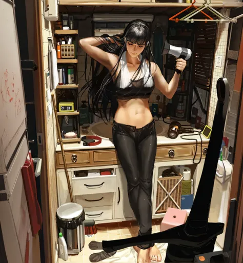 anime girl in a kitchen with a hair dryer and a guitar, by Yang J, jet black haired cyberpunk girl, tifa lockhart, inspired by Tomer Hanuka, modern anime style, painted in anime painter studio, tifa lockheart, realistic anime style at pixiv, by Shitao, tif...