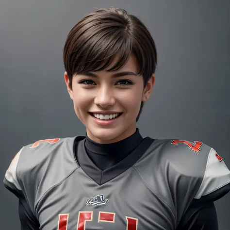 (gray background:1.5, close shot:1), (photorealistic:1.4), (best quality:1.0), (ultra high resolution:1.0), 8k, raw photo, (work of art:0.2), 1 , beautiful fur, Detailed skin, big smile, Teeth, (short hair:1), (football uniform:1.2)