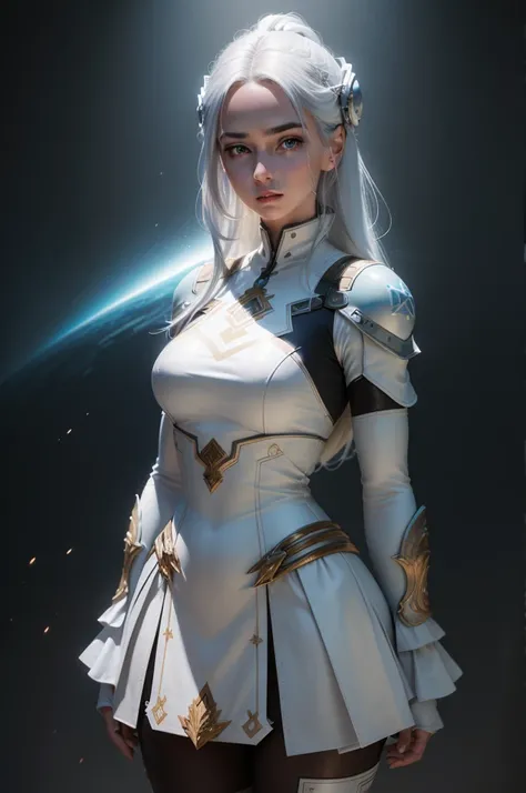 The most beautiful woman, beautiful young European face, white skin, white hair, wearing an ash blue full-body pilot suit, epic, ultra realistic, 4k, Ultra detailed image, realistic, Highly detailed, perfect composition, splendid, Intricately detailed, Inc...