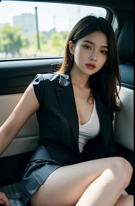 (masterpiece:1.3), (8 thousand, Realistic, RAW photos, Best quality: 1.4), (1 female),(((Sexy woman in short skirt suit sitting in driver&#39;s seat of luxury convertible sports car))), (((The driver&#39;s side door is open.))),  (((하체에 짙은색 Realistic 불투명한 ...