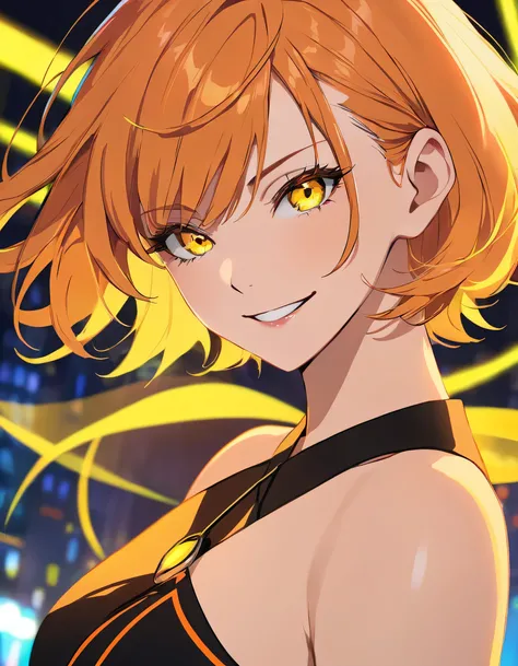 A mature woman with a sharp style, Short orange hair and yellow eyes、Face close-up、High exposure、Urban Neon Background、Fearless smile、Dance away、decoration、Glaring