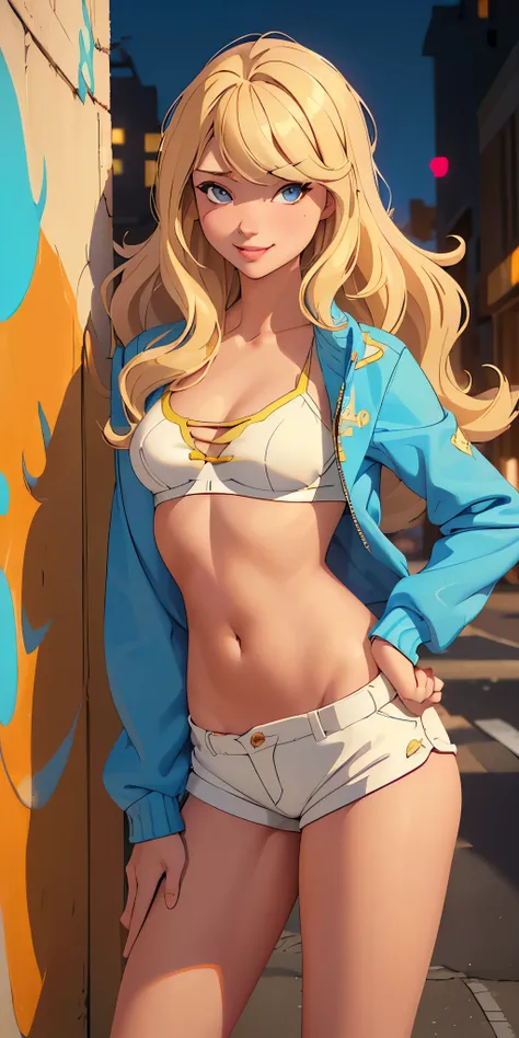 ((1 sexy and cute girl)), ((small, voluminous and juicy breasts)) ((blonde wavy hair with bangs in one eye)) ((long straight hair)) cute hip hop clothes top open jacket shorts beautiful fabric, extremely sexy body, perfect lips, cheeky smile, graffiti, WAL...