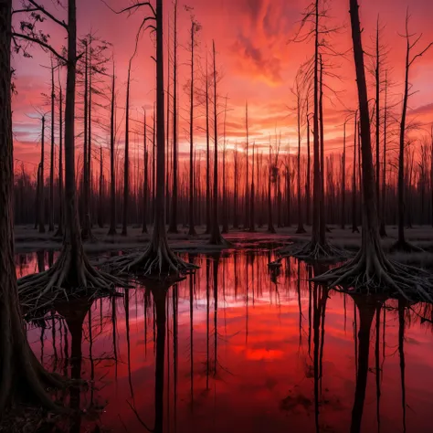 (no human, no person:1.4), sunset, swamp, water stream, water reflection, dried tall trees, wetlands, eerie atmosphere, deep red gloom, surreal, red light, ominous glow, pure energy aura, distortion, time warp,