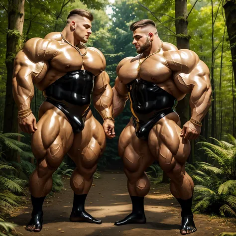 full body view, 2 different over-muscular white european male bodybuilders with clean undercut haircuts, wearing tigh black shiny latex jumpsuits, black latex socks, lots of golden glittering rings, chain necklaces, bracelets, huge nose piercings, both wit...