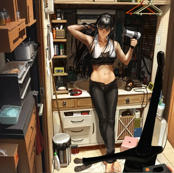 anime girl in a kitchen with a hair dryer and a guitar, by Yang J, jet black haired cyberpunk girl, tifa lockhart, inspired by Tomer Hanuka, modern anime style, painted in anime painter studio, tifa lockheart, realistic anime style at pixiv, by Shitao, tif...