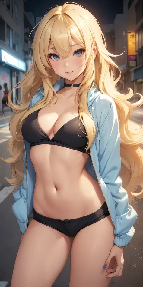 ((1 sexy and cute girl)), ((small, voluminous and juicy breasts)) ((blonde wavy hair with bangs in one eye)) ((long straight hair)) cute hip hop clothes top open jacket shorts beautiful fabric, extremely sexy body, perfect lips, cheeky smile, graffiti, WAL...