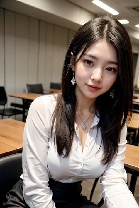 A beautiful Asian woman sitting on a black chair in an indoor cafe. She is wearing a Fit white collared shirt under a jacket and a black short skirt and luxury jewelry necklace and earring. Straight Medium breasts. She has long dark hair and is looking dir...