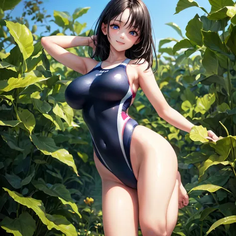 ((masterpiece,best quality,ultra detailed,ultra high resolution)),looking viewer,((solo,1-girl)),slender,black_hair,straight hair,(beautiful detailed face,beautiful detailed eyes),(finely detailed skin,fair skin),big breasts,(competition swimsuit),(leg up ...