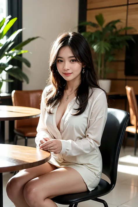 A beautiful Asian woman sitting on a black chair in an indoor cafe. She is wearing a Fit white collared shirt under a jacket and a black short skirt and luxury jewelry necklace and earring. Straight Medium breasts. She has long dark hair and is looking dir...