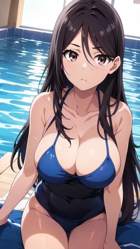 1 girl, (Brown eyes, 黒hair, ロングストレートのhair:1.3), smile,Red cheeks, Big Boobs, ((White and blue swimsuit:1.4)), (Outdoor,Poolside:1.4),(Cowboy Shot:1.4), wet,Take in the view, (masterpiece, High resolution, Best Quality, Anime screenshots, Anime Color, 8k, R...