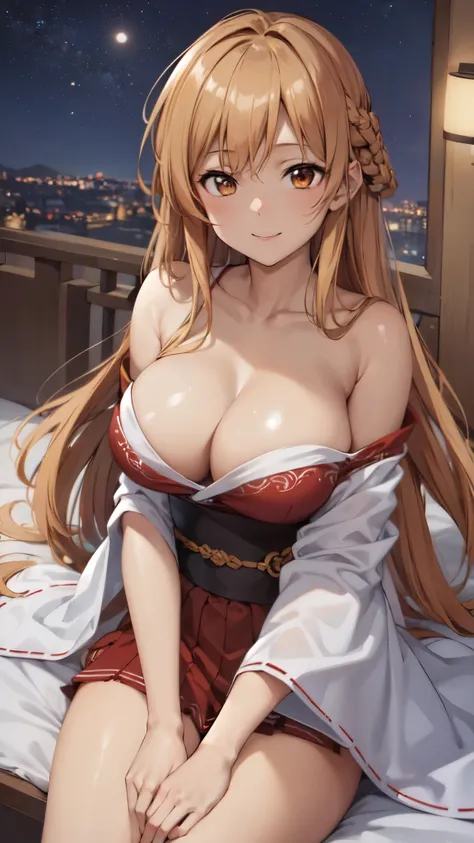 (Best Quality:1.5, High resolution, 超High resolution, 4K, Detailed lighting, Shaders), As Yuuki, Light brown long hair, Big Boobs, Cleavage, Off-the-shoulder yukata, smile, 20 years old,(throw, Close-up shot), Night Sky, Balcony Background, sexy, Erotic