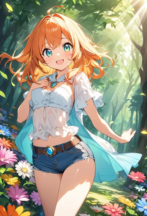 Young girl、Very cute、small、Firm breasts、Denim hot pants、Orange Hair、High quality backgrounds、Forest with sunlight shining through、Colorful flowers、Vision、Cheerful attitude