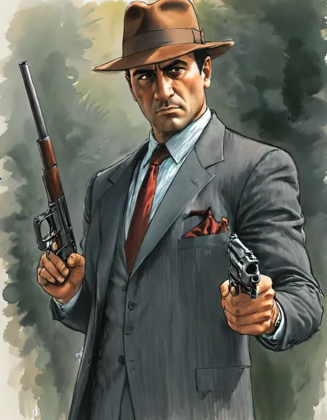 Create a sketch of a mafia man with a classic, menacing appearance. He should be wearing a sharp suit, a fedora hat, and holding a gun with confidence. His expression should be intimidating and authoritative.