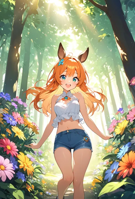 Young girl、Very cute、small、Firm breasts、Denim hot pants、Orange Hair、High quality backgrounds、Forest with sunlight shining through、Colorful flowers、Vision、Cheerful attitude、Donkey Ears