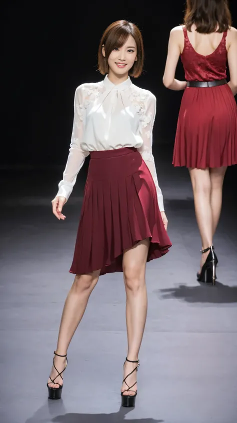 Amazingly large eyes、smile、H-Cup Bust、Waist 50cm、Slender and fair-skinned、Long haired Japanese woman、20 years old、Slim figure、Wearing a vibrant pleated skirt and a sheer lace blouse、Wearing high heels。On the runway at a fashion show、彼女のwhole bodyが映し出された, F...