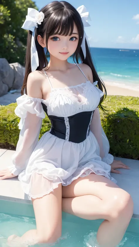 ((masterpiece)), ((highest quality、Ultra high definition)), (Very detailed),8K、Photo quality、((Amazingly cute girl))ld girl)), Two people, , (Beautiful emerald blue eyes), ((smile)),In the open-air bath overlooking the sea, Beautifully arranged black hair ...