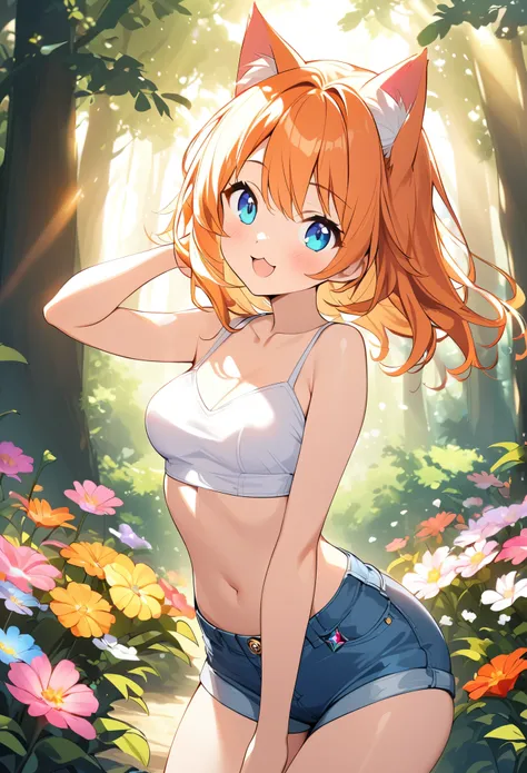 young girl、very cute、small、firm breasts、denim hot pants、orange hair、high quality backgrounds、forest with sunlight shining throug...