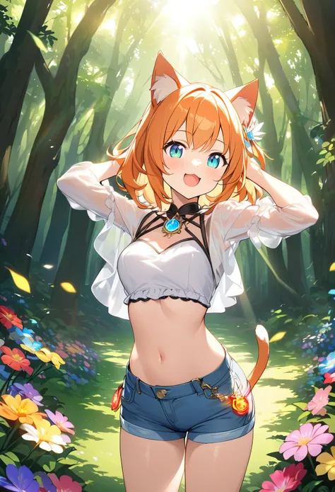 Young girl、Very cute、small、Firm breasts、Denim hot pants、Orange Hair、High quality backgrounds、Forest with sunlight shining through、Colorful flowers、Vision、Cheerful attitude、Cat ears、Cat&#39;s tail