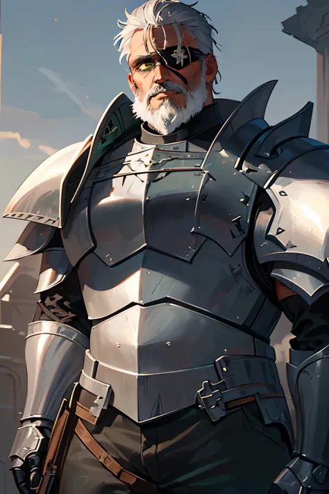 1 male, (((old male))), (Gray short hair), (gray beard), ((Green eyes)), ((Robust body)), ((Full armor)), (High person), (((eye patch))), (scar on the face), medieval, (knight), standing, full body, (detailed face), ((dark skin))