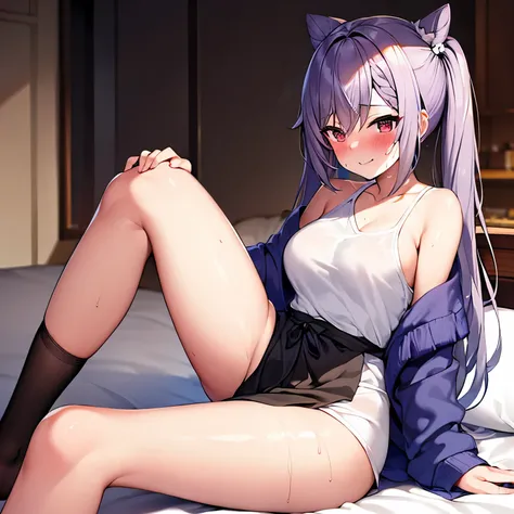 NSFW， high resolution， masterpiece， Best quality， （Alternative clothing：1.4， black dressing gown：1.3， black dressing gown， sleeveless， Hair hanging down， Long gray hair）， 1 sister， Dark Skin， Dark-skinned women， Sweating legs， In the room， In bed， Bedroomi...