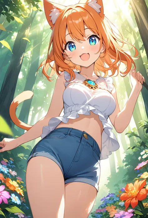 young girl、very cute、small、firm breasts、denim hot pants、orange hair、high quality backgrounds、forest with sunlight shining throug...