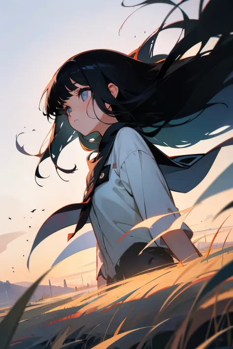 animated girl with black hair and bright eyes in peaceful landscape