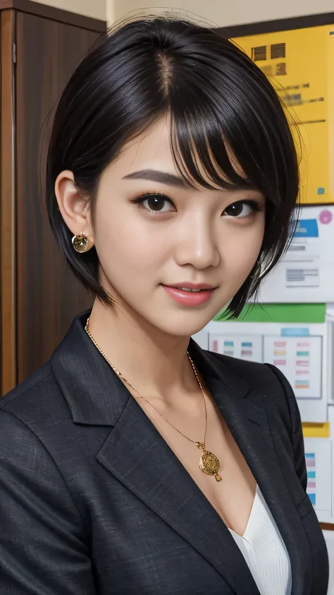 RAW Photos, High resolution, Very detailed, Intricate details, 、ear piercing、、short hair、l black hair、、Office Lady Suits 、Jacket、shirt、、、Heavy makeup、Necklace around the neck、, The background is the office
