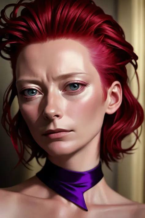 a beautiful, striking portrait of tilda swinton, direct eye contact, incredibly sexy and sultry, seductive expression, dramatic chiaroscuro lighting, vibrant and saturated colors, extremely sharp focus, photorealistic and highly detailed, cinematic and moo...