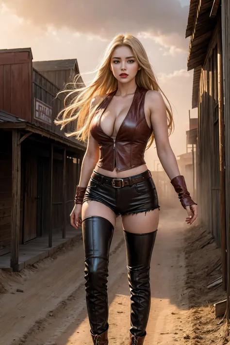 Full body cowboy woman circa 1880s, Blonde straight hair, Brown eyes, High arched eyebrows, Slender and graceful neck, Red lips, Large Breasts, Brown Leather Tights, Sleeveless Brown Leather Vest, Leather Boots, Walking on the dusty sandy streets of a dese...