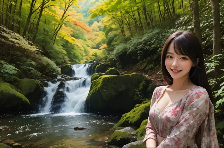 Best Quality　masterpiece　detailed　A very beautiful woman is smiling as she looks at Kegon Falls and the surrounding maples　Photo style　Real　Fantasy　Fantasy