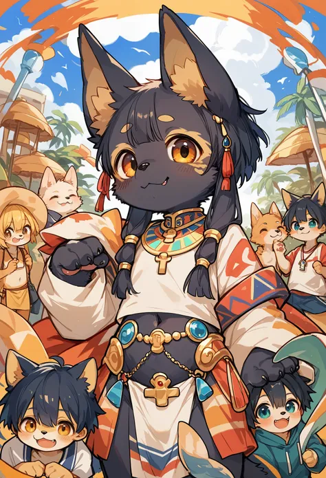 Cover page, Ultra-high resolution, Detailed Background, world heritage, 2boys(7years old Anubis dog boy and  Bastet cat boy), they are best friends, 2 furry short height kindergarten Shota boys, huddling, hugging, boys love, Happy, Joyful, Absurd(Photos of...