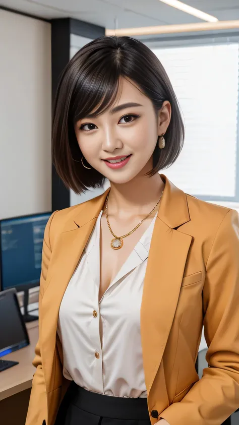 RAW Photos, High resolution, Very detailed, Intricate details, 、ear piercing、、short hair、Black Hair、、Office Lady Suits 、Jacket、shirt、、smile、Heavy makeup、Necklace around the neck、, The background is the office
