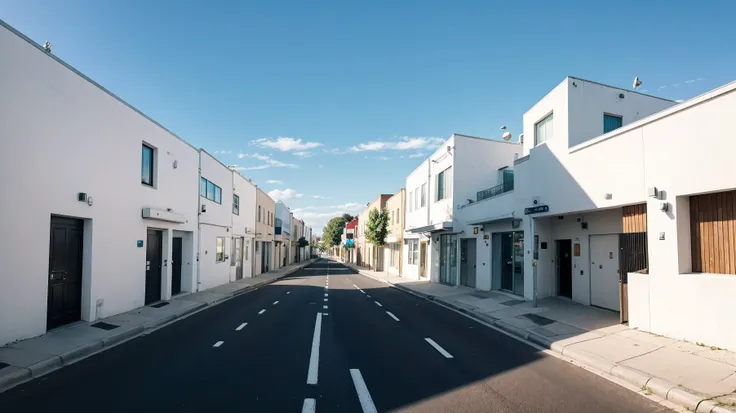 A wide street with a high white wall on one side and a wide sidewalk. Realistic photo