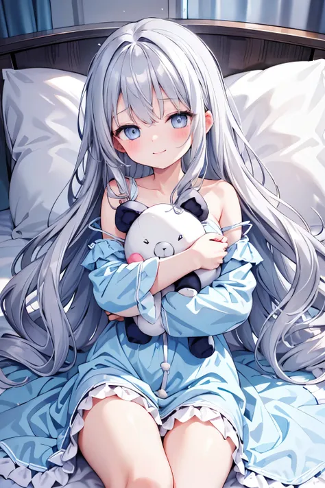 1 lady, silver wavy hair, long hair, light blue eyes, small breasts, cute nightwear, long skirt, strap slip, bedroom, (lying on bed:1.2), (a huge stuffed animal:1.1), (hugging object in front:1.5), smile, sleepy eyes, shy, from above