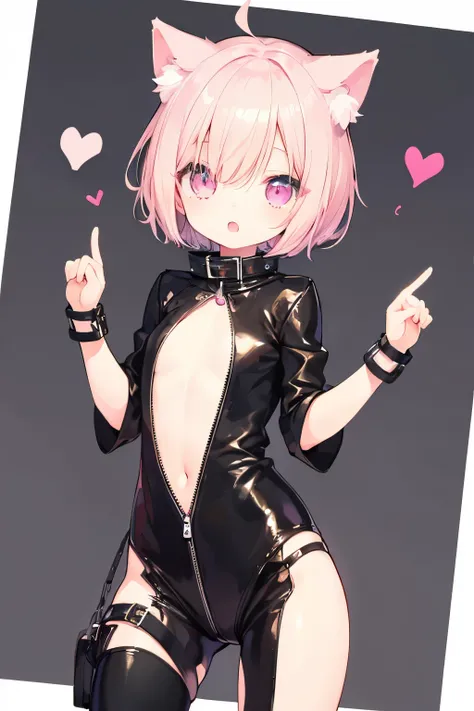 NSFW, Light pink short hair、Leather Suit、Elementary school girl wearing a collar and leash、Very beautiful and Shining Eyes、Shining Eyes、1 person、Cat ears、(((((Small body)))))、heart❤、Big Mouth