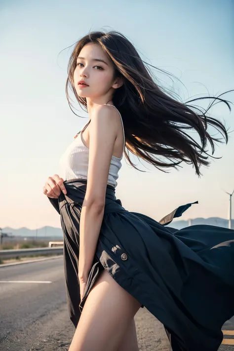 (Feel the wind pose:1.3, Hair blowing in the wind:1.5), (beautiful girl, Baby Face:1.6, Cute face, Idol Face:1.2), (Small and slender figure), (Slender body line), (Girl&#39;s smooth body:1.2),Delicate beautiful skin, Small beautiful butt, Narrow waist, Th...