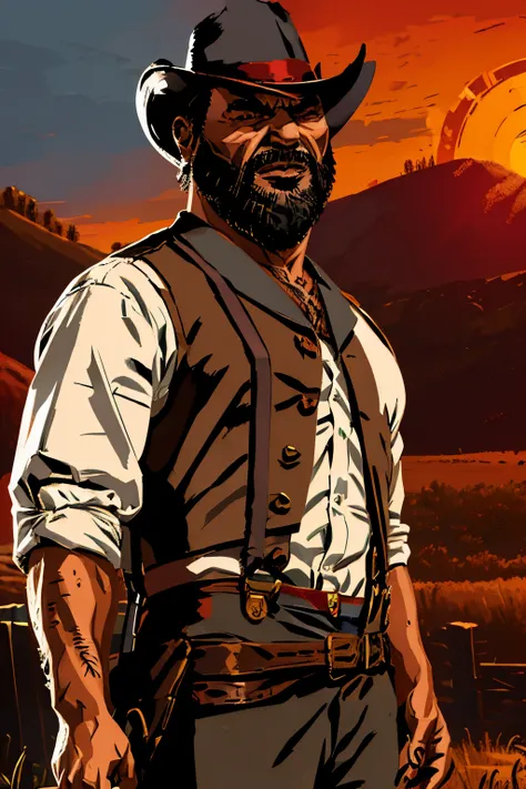 man with a suspender, red dead redemption 2, male, sheriff, characterclose up, bald haircut,, extrashort hair, black skin, no ha...