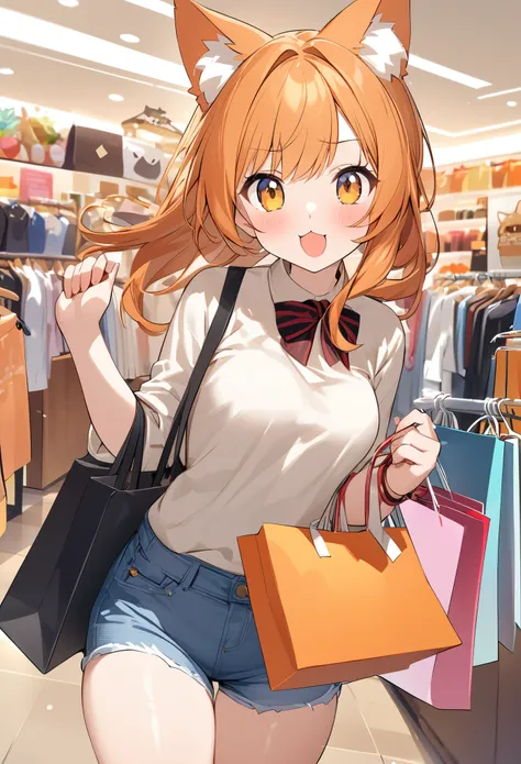 young girl、very cute、small、firm breasts、denim hot pants、orange hair、high quality backgrounds、、shopping、cheerful attitude、cat ear...