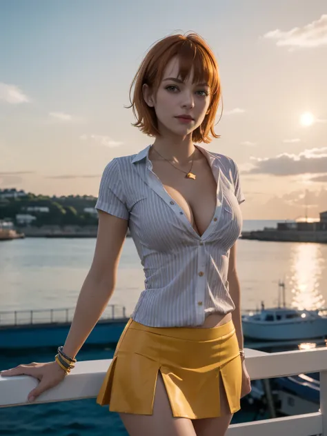 masterpiece, best quality, highres, nami (one piece), short hair, orange hair, brown eyes, cleavage, striped shirt, white shirt, short sleeves, bracelet, miniskirt, yellow skirt, sunset, standing, sea, sunny, show nipples, show vagina, open legs:1.4.