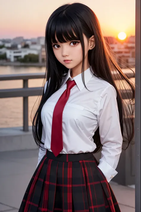 One girl, Black Hair, Heavy bangs, Black Eyes, White shirt, Red tie, Checked skirt,Sunset side light, Detailed Background 