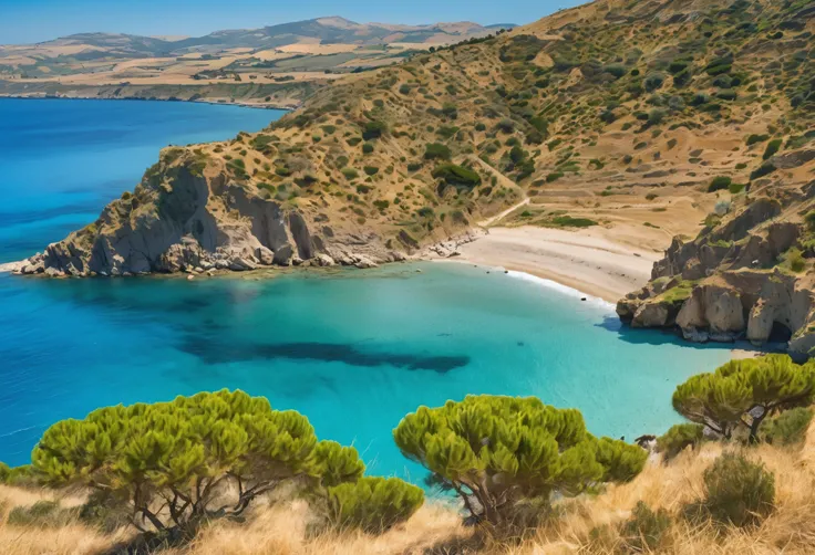 A serene, sun-drenched Sicilian coastline in the height of summer, with a pristine, empty beach stretching along the Mediterranean Sea. The golden sand is warm and untouched, meeting crystal-clear turquoise waters that shimmer under the bright sun. In the ...