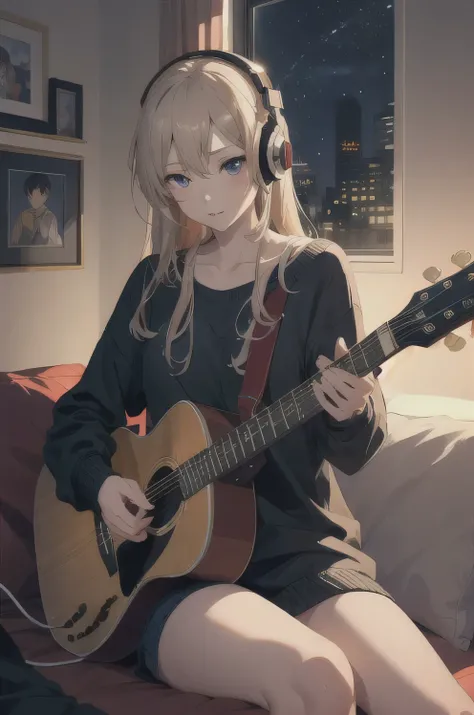 Detailed Anime Girl, Wearing a large sweater, Wearing headband headphones, praise, Quiet, Quiet atmosphere, Looking out the window in the bedroom, night, quiet night, cat, masterpiece, Perfect Face, sexy,Perfect lighting, Textured skin, Beautiful detailed ...