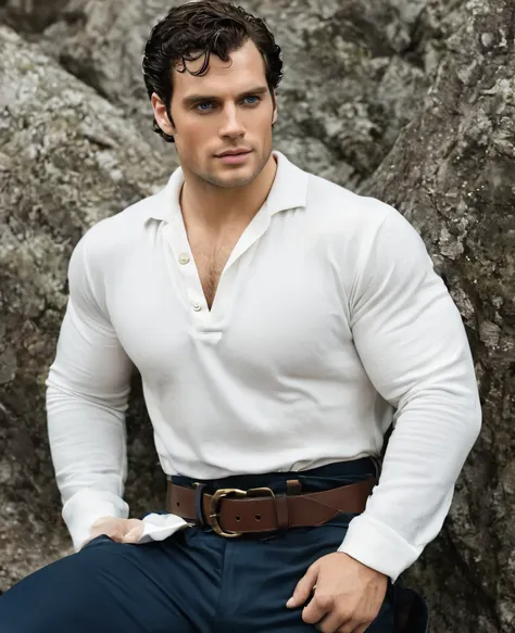 create an image of a handsome prince with the facial features of henry cavill. he has strong, defined jawlines, deep blue eyes, ...